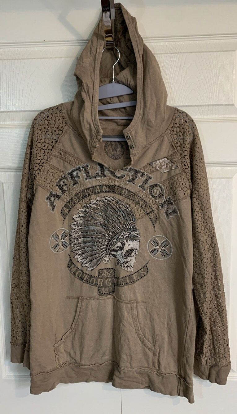 Affliction Lace Hoodie Sweatshirt Y2K Chief Skull Embellished Knit Women XL